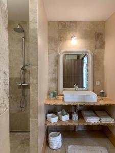 uma casa de banho com um lavatório e um espelho em EN VILLE À LA CAMPAGNE em Louhans