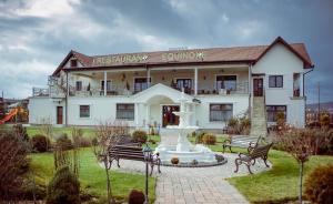 a white building with a fountain in front of it at Equinoxe Royal Reghin in Reghin