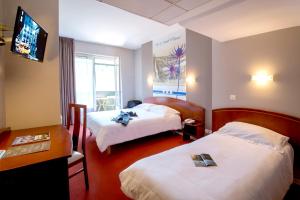 ein Hotelzimmer mit 2 Betten und einem TV in der Unterkunft Cit'Hotel de la Marne in Tarbes