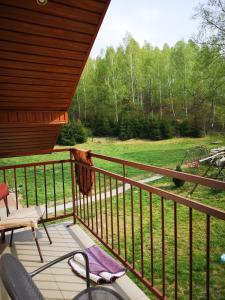 een veranda met stoelen en uitzicht op een veld bij Agroturystyka w Dolinie Narwi in Łomża