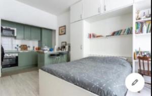 Cet appartement comprend une chambre avec un lit et une cuisine avec des placards verts. dans l'établissement Nid douillet et chaleureux pour se détendre, à Paris