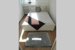 een kleine slaapkamer met een bed en een tapijt bij Boutique Flat in Old Town in Bratislava