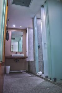La salle de bains est pourvue d'un lavabo et d'un miroir. dans l'établissement Casa Inn Premium Hotel Queretaro, à Querétaro