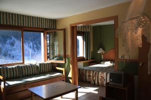 a living room with a couch and a bed and a window at Apartamentos Solneu in Baqueira-Beret