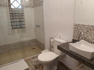 y baño con aseo, lavabo y ducha. en Art Hotel Cristal de Igatu, en Igatú
