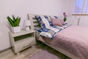 a bedroom with a bed and a night stand with a plant at Apartament u Andrzeja in Polanica-Zdrój