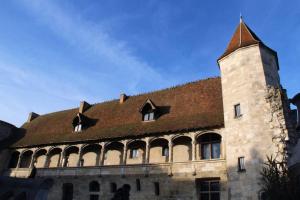 a building with a brown roof and a tower at Les Gîtes du château - 2 Magnifiques Appartements face au château Henri IV in Nérac