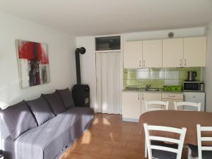 ein Wohnzimmer mit einem Sofa und einem Tisch sowie eine Küche in der Unterkunft Apartma TM Bovec in Bovec