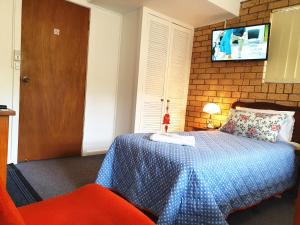 a bedroom with a bed and a tv on a brick wall at Gowrie Agapanthus in Singleton