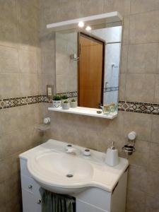 ein Badezimmer mit einem weißen Waschbecken und einem Spiegel in der Unterkunft Rancho Aparte II in Salta