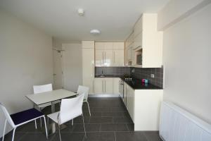 a kitchen with white cabinets and a table and chairs at Victoria Lodge Apartments - UCC Summer Beds in Cork
