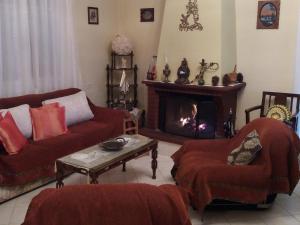 sala de estar con 2 sofás y chimenea en Galini, en Tripolis