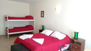 sypialnia z łóżkiem z czerwonym kocem w obiekcie Diez ApartHotel w mieście Puerto Madryn