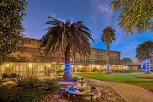 an exterior view of a hotel with palm trees and a fountain at ANEW Hotel Witbank Emalahleni in eMalahleni