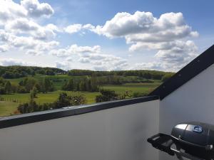 een balkon met uitzicht op een groen veld bij Eifel Dream Eulennest in Fleringen