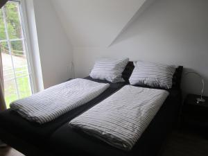 two pillows on a couch in a room with a window at Schneekäppchen 2 in Winterberg