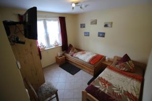 a living room with a bed and a tv in it at Ferienwohnung Michael Meißner ruhig, gemütlich und kinderfreundlich in Crottendorf