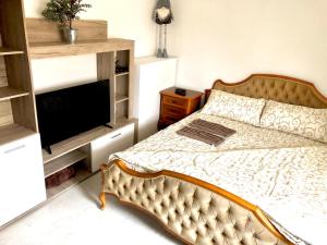 a bedroom with a bed and a flat screen tv at Apartment Duplex in Pančevo