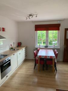 a kitchen with a table and chairs in a kitchen at Huis bij Willingen in Eimelrod