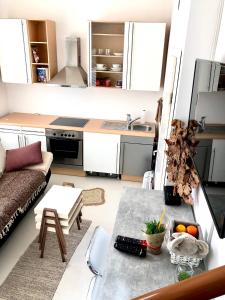 潘切沃的住宿－Apartment Duplex，一间带桌子和沙发的小厨房