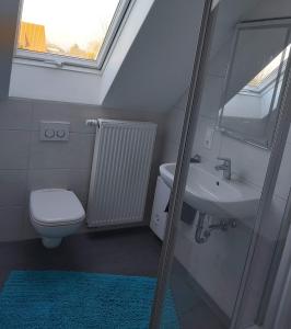 a bathroom with a sink and a toilet and a window at Top-Apartment in Isernhagen