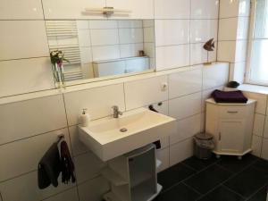 een badkamer met een witte wastafel en een spiegel bij Halbe Treppe in Potsdam
