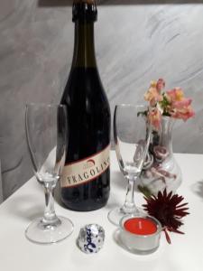 蓬泰加雷里亞的住宿－Dana，桌子上放有一瓶葡萄酒和两杯酒