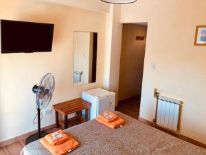 阿肖海Hotel Scoglie的客房设有带风扇和镜子的床。