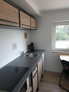 uma pequena cozinha com um lavatório e uma janela em appartements T2 ou T3 idéalements situés em Brech