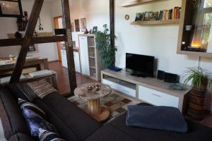 sala de estar con sofá y TV en Ferienwohnung Midgard en Thale