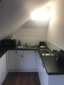 a small kitchen with a sink and a stove at Hunters Hide Apt in Littlehampton