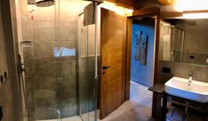 a bathroom with a shower and a sink at Hotel san Vitale in Bormio