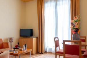 a living room with a television and a table with a vase of flowers at Hotel Real in Lleida