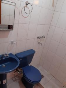 uma casa de banho com um WC azul e um chuveiro em Posada Rivera em San Salvador de Jujuy