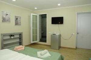 a bedroom with a bed and a television on the wall at Erik's Guest House in Borjomi