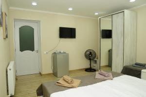 a bedroom with a bed and a fan and a mirror at Erik's Guest House in Borjomi