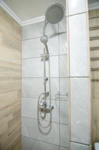 a shower with a shower head in a bathroom at Pop Art Hostel Rynok Sq in Lviv