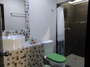 a bathroom with a toilet and a sink and a shower at Hotel Sevilla Palenque in Palenque