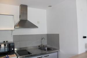 a kitchen with a sink and a microwave at DEPAYSEMENT AU BORD DU LAC in Le Bourget-du-Lac