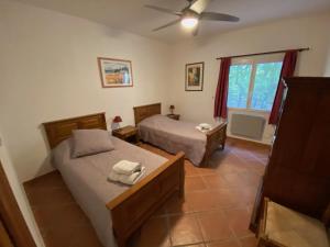 Artignosc-sur-VerdonにあるLa Cheneraieのベッドルーム1室(ベッド2台、シーリングファン付)