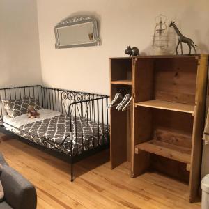 a bedroom with a bed and a book shelf at Chez Celine et Philippe Chambre atelier dans propriété de charme avec piscine in Le Fossat