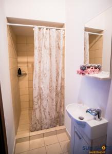 y baño con cortina de ducha y lavamanos. en Explore Greece from Lovely City Centre Apartment, en Chalkida