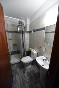 een badkamer met een toilet, een wastafel en een douche bij Hotel Toronto in Paralia Katerinis