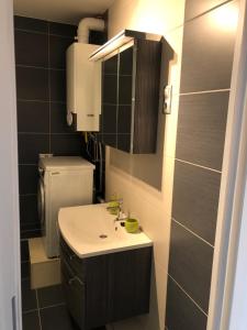 カポシュヴァールにあるBerzsenyi Apartman Kaposvárの洗面台と鏡のある小さなバスルーム +10枚の写真