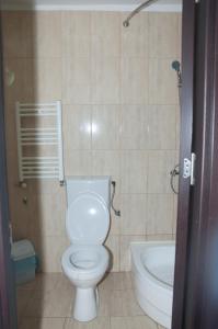 a bathroom with a toilet and a bath tub at Hotel Popasul Iancului in Corbii Mari