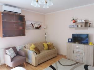 a living room with a couch and a tv at Dia Apartman in Miskolc