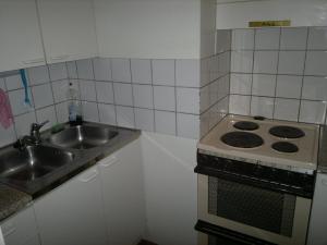 a kitchen with a sink and a stove at Partiotalon retkeilymaja - Scouts Hostel in Joensuu