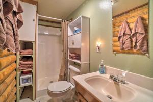 a bathroom with a sink and a toilet and a shower at Soldotna Cabin with Essentials- 4 Mi to Fishing in Soldotna
