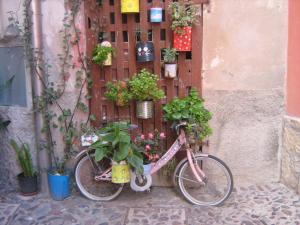 uma bicicleta rosa estacionada ao lado de uma parede com vasos de plantas em B&B Da Antonella em Bosa