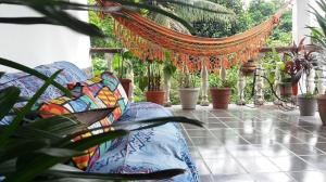 a hammock is hanging on a patio with plants at Pousada Spa Alto da Serra in Petrópolis